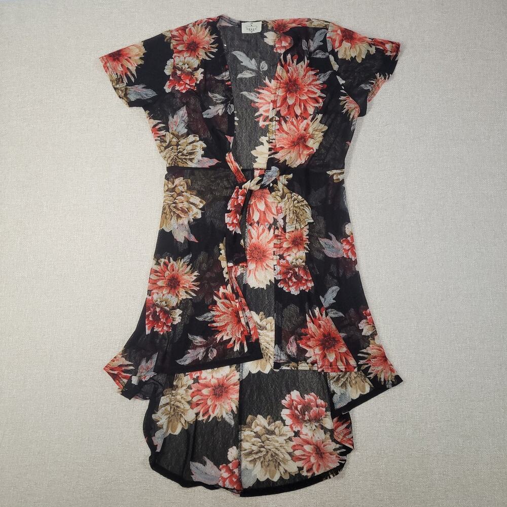 Floral Tie-Waist Kimono Cover-Up - Black with Coral & Cream Flowers